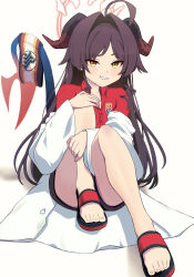  1girl :d ass black_hair black_shorts blue_archive breast_pocket collarbone collared_shirt commentary_request demon_girl demon_horns demon_tail hair_between_eyes halo highres horns hugging_own_legs kasumi_(blue_archive) keke_(user_djyu7823) knee_to_chest knees_up lab_coat long_hair long_sleeves looking_at_viewer open_mouth pocket red_shirt sandals school_uniform shirt short_shorts shorts sidelocks simple_background sitting smile solo tail toes white_background yellow_eyes 