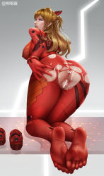 1girl anus ass ass_grab blush bodysuit breasts censored covered_erect_nipples cum dirty_socks eyebrows feet from_behind full_body goatwillow grabbing_own_ass hair_ornament huge_ass large_breasts legs_together lips long_hair looking_at_viewer looking_back neon_genesis_evangelion nose parted_lips plugsuit pointless_censoring presenting pussy red_bodysuit shoes soles solo souryuu_asuka_langley toes torn_clothes unworn_shoes wide_hips rating:Explicit score:92 user:jojosstand