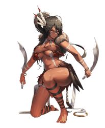  1girl ahoge artist_request bandeau bangle barefoot black_hair bracelet breasts brown_bandeau chandraghanta_(destiny_child) clenched_teeth dark-skinned_female dark_skin destiny_child dual_wielding feather_hair_ornament feathers fur_trim hair_between_eyes hair_ornament headband holding holding_weapon jewelry large_breasts long_hair midriff navel official_art on_one_knee orange_eyes ponytail tattoo teeth thighs transparent_background tribal tribal_tattoo very_long_hair weapon  rating:Sensitive score:72 user:danbooru