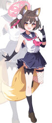  1girl :d absurdres animal_ear_fluff animal_ears black_gloves black_socks blue_archive blue_skirt brown_footwear brown_hair fang fox_ears fox_girl fox_tail full_body gloves halo highres hua-huahua izuna_(blue_archive) kunai looking_at_viewer open_mouth partially_fingerless_gloves pink_halo school_uniform serafuku shirt shoes short_hair skin_fang skirt sleeveless sleeveless_shirt smile socks solo standing tail thigh_strap thighs weapon white_shirt yellow_eyes zoom_layer 