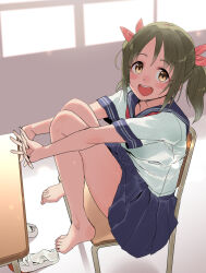  1girl bare_legs barefoot blue_sailor_collar blue_skirt blush bow breasts brown_eyes brown_hair chair classroom desk dot_nose feet feet_on_chair from_above from_side hair_bow hair_ribbon hands_up idolmaster idolmaster_cinderella_girls idolmaster_cinderella_girls_starlight_stage imai_kana indoors interlocked_fingers kawaty knees_up legs light_particles looking_at_viewer looking_up medium_breasts neckerchief on_chair open_mouth pleated_skirt red_neckerchief red_ribbon ribbon sailor_collar school_chair school_desk school_uniform serafuku shirt shoes short_sleeves sitting skirt smile socks solo teeth toenails toes twintails unworn_shoes unworn_socks upper_teeth_only uwabaki white_shirt white_socks 