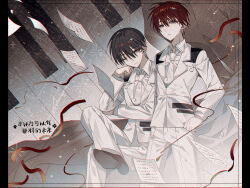  2boys black_footwear collared_shirt crossed_legs e.g.o_(project_moon) employee_(project_moon) gloves highres huabudong jacket lobotomy_corporation long_sleeves multiple_boys necktie one_eye_closed piano_keys project_moon sheet_music shirt shoes sitting white_gloves white_jacket white_necktie white_shirt 