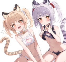  2girls @_@ animal_cutout animal_ears arm_support bai_(granblue_fantasy) bare_shoulders bell black_bra black_panties blonde_hair blunt_bangs blush bra breasts cat_cutout cat_ear_panties cat_lingerie cleavage_cutout closed_mouth clothing_cutout commentary_request double_v erune frilled_bra frills granblue_fantasy grey_hair highres huang_(granblue_fantasy) jingle_bell kimblee looking_at_viewer meme_attire multiple_girls navel neck_bell open_mouth panties siblings side-tie_panties sisters sitting small_breasts tail tiger_ears tiger_girl tiger_stripes tiger_tail twins twintails underwear underwear_only v white_bra white_panties 