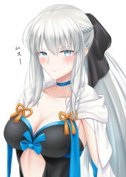  1girl absurdres black_bow black_dress blue_choker blue_eyes blush bow braid breasts choker cleavage closed_mouth clothing_cutout collarbone dress fate/grand_order fate_(series) grey_hair hair_bow half_up_braid highres jacket large_breasts long_hair looking_at_viewer morgan_le_fay_(fate) original ponytail sidelocks simple_background smile solo stomach_cutout two-tone_dress upper_body very_long_hair white_background 