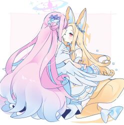  2girls angel_wings animal_ears bare_shoulders blonde_hair blue_archive blush capelet detached_sleeves dress ear_ornament extra_ears feathered_wings flower fox_ears grabbing_another&#039;s_shoulder hair_bun hair_flower hair_ornament halo long_hair mika_(blue_archive) multiple_girls one_eye_closed parted_lips pink_hair pink_halo purple_flower seia_(blue_archive) single_side_bun white_capelet white_dress white_sleeves white_wings wings yellow_eyes yellow_halo yun_(dust-i1) yuri 