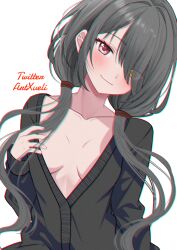  1girl absurdres artist_name black_hair blush breasts cardigan clock clock_eyes date_a_live hair_over_eyes heterochromia highres looking_at_viewer low_twintails no_bra open_cardigan open_clothes red_eyes roman_numeral simple_background small_breasts smile symbol-shaped_pupils tokisaki_kurumi twintails twitter_username white_background xueli_shimazaki yellow_eyes 