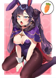  1girl ahegao animal_ears aqua_eyes bechu black_pantyhose blush carrot choker fake_animal_ears genshin_impact heart heart-shaped_pupils heavy_breathing highres leotard mona_(genshin_impact) nipples one_breast_out open_mouth pantyhose playboy_bunny purple_hair rabbit_ears rolling_eyes solo symbol-shaped_pupils thought_bubble tongue tongue_out twintails  rating:Questionable score:160 user:danbooru