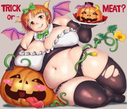 1girl blush breasts cleavage english_text facing_viewer fat grey_background halloween hat heart heart_in_mouth horns jack-o&#039;-lantern large_breasts looking_at_viewer navel orange_eyes orange_hair original orizen plate short_hair simple_background sitting skindentation smile solo thick_thighs thighhighs thighs tongue tongue_out top_hat torn_clothes trick_or_treat wings rating:Questionable score:30 user:leejunne