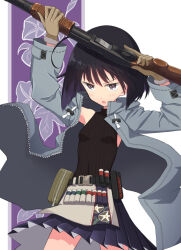  1girl ammunition_pouch armpit_peek belt belt_pouch black_belt black_eyes black_hair black_shirt blunt_ends blush bob_cut breasts brown_gloves chestnut_mouth clothes_lift coat colored_inner_hair commentary_request cowboy_shot floral_background glaring gloves grey_coat gun hands_up holding holding_gun holding_weapon hood hood_down hooded_coat looking_at_viewer multicolored_hair open_clothes open_coat open_mouth original pouch pump_action purple_background purple_hair purple_skirt remington_870 samaru_(seiga) shirt shotgun shotgun_shell skirt skirt_lift sleeveless sleeveless_shirt small_breasts solo standing trigger_discipline two-tone_background v-shaped_eyebrows weapon white_background wind wind_lift 