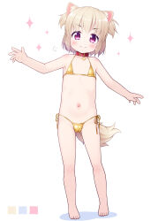 &gt;:) 1girl animal_ear_fluff animal_ears bare_arms bare_legs bare_shoulders barefoot bikini blonde_hair blush cameltoe cleft_of_venus closed_mouth collar collarbone color_guide colored_shadow dog_ears dog_girl dog_tail full_body hair_between_eyes hand_up highres inuarashi loli looking_at_viewer navel original red_collar shadow short_hair side-tie_bikini_bottom simple_background smile solo sparkle standing swimsuit tail two_side_up v-shaped_eyebrows white_background yellow_bikini 