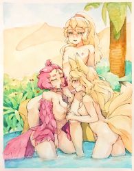 3girls absurdres animal_ears arm_support ass blonde_hair breasts closed_eyes commentary completely_nude cowboy_shot day desert english_commentary fellatio fox_ears fox_tail futa_with_female futanari green_eyes hair_between_eyes harpy highres knees large_breasts legs licking licking_penis long_hair monster_girl multiple_girls multiple_tails nature nipples nude oasis open_mouth oral painting_(medium) palm_tree penis pink_hair pink_wings ponytail reno_coffee saliva sitting small_breasts standing sunlight tail testicles thick_eyebrows thighs traditional_media tree water watercolor_(medium) winged_arms wings rating:Explicit score:110 user:danbooru