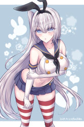  1girl arm_under_breasts black_neckerchief black_panties blue_eyes blue_sailor_collar blue_sky breasts cleavage cosplay crop_top dated elbow_gloves fuyutsuki_(kancolle) gloves highleg highleg_panties highres kabocha_torute kantai_collection large_breasts long_hair microskirt miniskirt neckerchief one_side_up panties parted_lips pleated_skirt sailor_collar shimakaze_(kancolle) shimakaze_(kancolle)_(cosplay) simple_background skirt sky solo striped_clothes striped_thighhighs sweat thighhighs twitter_username underwear very_long_hair white_gloves 