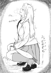 1girl absurdres blush breath closed_eyes highres jacket kneehighs long_hair long_sleeves m-she monochrome neckerchief panties panty_pull peeing puddle relief school_uniform shoes skirt socks squatting steam sweat trembling underwear rating:Questionable score:19 user:cpee
