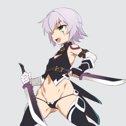  1girl bare_shoulders black_gloves black_panties black_thighhighs breasts fate/apocrypha fate/grand_order fate_(series) fingerless_gloves funnyari gloves grey_background holding holding_knife holding_weapon jack_the_ripper_(fate/apocrypha) knife navel open_mouth panties purple_hair scar scar_across_eye short_hair simple_background small_breasts smile solo tattoo thighhighs thong underwear weapon yellow_eyes 
