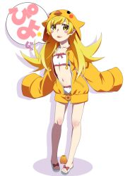  1girl animal bare_legs bikini bird bird_hood blonde_hair blush_stickers chick commentary drop_shadow full_body gesugesu_ahoaho hood hoodie long_hair looking_at_viewer monogatari_(series) navel open_clothes open_hoodie open_mouth oshino_shinobu partially_unzipped pointy_ears simple_background sleeves_past_fingers sleeves_past_wrists smile solo speech_bubble spoken_sound_effect standing swimsuit toes very_long_hair white_background white_bikini yellow_eyes yellow_hoodie 