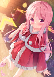  1girl :d blurry blurry_background blush box brick_wall capelet chinomaron collarbone commentary_request depth_of_field dress frilled_dress frills fur-trimmed_capelet fur_trim gift gift_box hair_between_eyes hakamada_hinata hand_up highres indoors long_hair long_sleeves open_mouth pink_footwear pink_hair purple_eyes red_capelet red_dress rou-kyuu-bu! signature slippers smile solo standing standing_on_one_leg twitter_username very_long_hair wide_sleeves 
