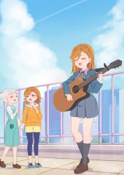  2girls acoustic_guitar aged_down arashi_chisato artistic_error bad_hands black_socks blue_jacket blue_pants brown_footwear capo_(guitar) character_age closed_eyes collarbone commentary_request double_bun dress green_dress green_footwear grey_dress guitar hair_between_eyes hair_bun holding holding_hands holding_plectrum hood hoodie instrument jacket kneehighs loafers long_sleeves love_live! love_live!_superstar!! medium_hair multiple_girls multiple_views music open_clothes open_jacket open_mouth orange_hair orange_hoodie outdoors pants playing_instrument plectrum purple_eyes railing school_uniform shibuya_kanon shoes short_sleeves shorts socks standing the-prinprince white_hair winter_uniform yellow_shorts yuigaoka_school_uniform 