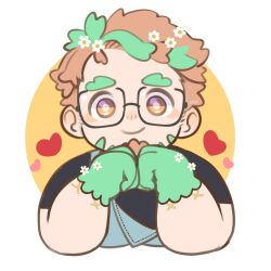 1boy bara chibi cropped_torso facial_hair flower glasses goatee green_hair hair_flower hair_ornament heart highres hippolytus_(housamo) light_blush light_brown_hair looking_at_viewer male_focus multicolored_hair open_overalls osu_(osumankokuou) plump shirt short_hair sideburns_stubble smile straight-on streaked_hair stubble thick_eyebrows tokyo_houkago_summoners two-tone_background two-tone_beard upper_body 