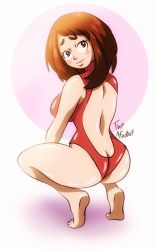  1girl artist_name ass back backless_leotard backless_outfit bare_shoulders barefoot blush blush_stickers boku_no_hero_academia breasts brown_eyes brown_hair butt_crack closed_mouth eyebrows feet female_focus from_behind full_body gradient_background happy high_collar highres legs leotard looking_at_viewer medium_breasts medium_hair neck red_leotard sexually_suggestive shiny_clothes shiny_skin shy simple_background skin_tight sleeveless sleeveless_leotard smile soles squatting theafroboy thighs tiptoes toenails toes turning_head two-tone_background uraraka_ochako v_arms white_background 