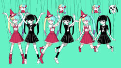 2girls aegyo_sal aimaina aqua_hair black_dress black_eyes black_hair black_sailor_collar blonde_hair blue_gemstone boots bow character_doll closed_mouth commentary_request doushite-chan dress dual_persona fake_meme_(vocaloid) gem glasses gloves gradient_hair hair_between_eyes hand_up hat hatsune_miku heart highres kneehighs long_hair looking_at_viewer multicolored_hair multiple_girls neck_ruff pink_eyes pink_hair pinocchio-p pleated_skirt polar_opposites puppet_strings red_bow red_footwear red_hat red_skirt red_suspenders sailor_collar shirt short_sleeves sidelocks skirt socks string suspenders twintails two-tone_hair vocaloid whale_ornament white_gloves white_shirt 