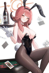 1girl absurdres animal_ears aru_(blue_archive) bare_shoulders black_hairband black_leotard blue_archive bottle bow bowtie breasts card cup detached_collar drinking_glass fake_animal_ears floating_card gloves grin hairband halo highres holding holding_tray horns large_breasts leotard long_hair lunia pantyhose playboy_bunny playing_card rabbit_ears rabbit_tail red_bow red_bowtie sitting smile solo table tail tray white_gloves wine_bottle 