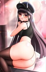  1girl absurdres arm_support ass azur_lane black_choker black_hair black_shirt blush bottomless breasts choker crop_top demon_girl demon_horns from_side half-closed_eyes hand_up hat highres horns horns_through_headwear itacho_(itasha_draws) long_hair looking_at_viewer looking_back lying medium_breasts noshiro_(azur_lane) noshiro_(dressed-up_date)_(azur_lane) on_side oni purple_eyes pussy shirt skindentation solo sunglasses thighhighs thighs tongue tongue_out very_long_hair 
