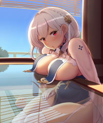  1girl :o azur_lane bird blush braid breast_curtains breast_rest breasts breasts_on_table cape china_dress chinese_clothes cleavage day dress eyelashes female_focus flower garter_belt garter_straps glass_table gloves hair_between_eyes hair_flower hair_ornament hand_on_own_hip highres indoors large_breasts looking_at_viewer makuro neckwear_between_breasts nipple_slip nipples pelvic_curtain pink_eyes reflection revealing_clothes see-through see-through_sleeves short_hair side_braid sirius_(azur_lane) sirius_(azure_horizons)_(azur_lane) sitting solo table thighhighs thighs white_gloves white_hair white_thighhighs window window_blinds window_shadow  rating:Questionable score:56 user:LesLes