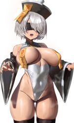  1girl absurdres alternate_costume anima_(togashi) black_nails black_thighhighs blindfold breast_curtains breasts covered_navel ghost_pose grey_hair groin hair_over_one_eye hat highres jiangshi large_breasts leotard long_bangs mole mole_under_eye nier:automata nier_(series) open_mouth qingdai_guanmao short_hair simple_background solo teeth thighhighs white_background white_leotard wide_hips wide_sleeves 2b_(nier:automata)  rating:Questionable score:138 user:danbooru
