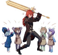  &quot;ultimate_overlord&#039;s_mega_magic_sword&quot;_(genshin_impact) 1boy 403pa 4girls :d ^_^ animal_ears antenna_hair arms_up belt black_belt black_coat black_footwear black_gloves black_pants blue_coat blue_hair blue_headwear blush boots bright_pupils brown_choker brown_dress brown_eyes brown_hair brown_ribbon choker clapping closed_eyes coat collared_dress commentary_request diluc_(genshin_impact) dress fighting_stance flo_(genshin_impact) fold-over_boots fur-trimmed_coat fur_trim genshin_impact gloves gold_trim greatsword green_dress hair_between_eyes hand_up hands_up happy hat highres holding holding_sword holding_weapon lapels long_hair long_sleeves low_ponytail melusine_(genshin_impact) menthe_(genshin_impact) multiple_girls open_clothes open_coat open_mouth pants pocket ponytail purple_hair red_gloves red_hair ribbon serene_(genshin_impact) short_hair sidelocks simple_background sleeve_cuffs sleeveless sleeveless_dress smile standing sweatdrop swept_bangs sword tail tassel thigh_strap translation_request two-tone_gloves v-shaped_eyebrows verenata_(genshin_impact) vest weapon white_background white_pupils white_vest  rating:General score:7 user:danbooru