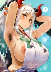  1girl :o absurdres armpit_hair armpits arms_behind_head arms_up blue_sky blush breasts day female_focus green_hair hero_neisan highres large_breasts long_hair looking_at_viewer multicolored_hair nipple_slip nipples one_piece orange_eyes outdoors sky solo steaming_body sweat white_hair yamato_(one_piece)  rating:Questionable score:163 user:Alkin