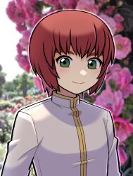 1boy aizen_makoto_(duel_masters) androgynous arms_at_sides blurry blurry_background blush bush closed_mouth duel_masters flower flower_request green_eyes jacket long_sleeves looking_at_viewer male_focus numae_kaeru outdoors outline photo_background pink_flower red_hair short_hair smile solo upper_body white_jacket white_outline 