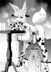  1girl animal_ears animal_print ass bell bikini boots breasts bridal_gauntlets cleavage collar cow_ears cow_print cow_print_bikini cowbell ear_tag fan_no_hitori fox_ears fox_girl fox_tail hair_ornament high_heel_boots high_heels highres huge_breasts lactation large_breasts leaning_forward long_hair looking_at_viewer milk milking_machine nipples one_breast_out print_bikini saliva saliva_trail solo spread_legs swimsuit tail thighhighs  rating:Explicit score:90 user:Garuda1