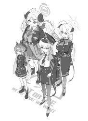  +_+ 4girls :3 absurdres ahoge akari_(blue_archive) belt blue_archive boots braid breasts buttons closed_mouth coat collared_shirt demon_tail demon_wings double-breasted gourmet_research_society_(blue_archive) greyscale hair_between_eyes halo haruna_(blue_archive) hat highres izumi_(blue_archive) junko_(blue_archive) large_breasts long_hair long_sleeves monochrome multiple_girls necktie pantyhose peaked_cap pleated_skirt sadamatsu_ryuuichi shirt shoes side_braid simple_background skirt small_breasts smile socks tail thigh_strap twintails white_background wings 