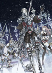  2girls 3boys animal_ears arm_up armor armored_boots bad_bcy_id bad_id bare_shoulders black_bra black_gloves black_hat black_pants black_shirt black_skirt black_thighhighs blonde_hair boots bra bracelet breastplate breasts brown_hair castle cat_ears cat_tail character_request chinese_commentary cleavage commentary_request cross_print detached_sleeves expressionless final_fantasy final_fantasy_xiv full_body gloves hat holding holding_pole holding_staff holding_sword holding_weapon ice jewelry long_hair long_sleeves miniskirt multiple_boys multiple_girls muscular muscular_male navel night old_xian open_mouth orange_eyes orange_hair outdoors pants parted_lips pleated_skirt pole puffy_long_sleeves puffy_sleeves red_skirt red_vest robe shirt short_hair sitting skirt snowing staff stomach sword tail thigh_boots thighhighs two-tone_skirt underwear vest wariza warrior_of_light_(ff14) weapon white_robe white_sleeves winter witch_hat 