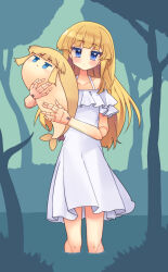 1girl android blonde_hair blue_eyes blush doll_joints dress holding holding_stuffed_toy joints long_hair looking_at_viewer original outdoors sai_koro solo stuffed_toy white_dress 