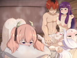  1boy 3girls aftersex arehoko bed blush boy_on_top breasts completely_nude cum cum_in_pussy cum_on_body demon_girl demon_horns elf fern_(sousou_no_frieren) frieren hand_on_another&#039;s_shoulder harem head_on_pillow hetero highres horns linie_(sousou_no_frieren) multiple_girls nipples nude pink_hair pointy_ears pout prone_bone purple_hair sex sex_from_behind sousou_no_frieren stark_(sousou_no_frieren) sweat white_hair yellow_horns  rating:Explicit score:210 user:S.A.K.I77