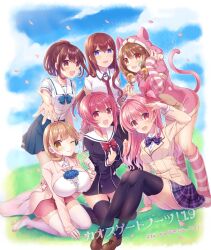  5pb. 6+girls :d ;) aizaki_momo animal_ears animal_hood anonymous;code black_dress black_thighhighs blue_eyes blue_flower blue_rose blue_skirt bow bowtie braid breasts brown_eyes brown_footwear brown_hair cat_ears cat_tail chaos;child chaos;head cherry_blossoms coat collarbone collared_shirt day detached_sleeves dress dress_shirt fake_animal_ears fake_tail flower gloves highres holding_hands hood hood_up hooded_sweater kneeling large_breasts leaning_forward loafers long_hair long_sleeves looking_at_viewer low_twintails makise_kurisu miniskirt multiple_girls narusawa_ryouka necktie nishijou_myu occultic;nine one_eye_closed onoe_serika open_mouth outdoors outstretched_arm pink_hair pink_skirt pink_sweater plaid plaid_bow plaid_bowtie plaid_skirt pleated_dress pleated_skirt ponytail purple_bow purple_bowtie purple_skirt reaching reaching_towards_viewer red_bow red_bowtie red_eyes red_hair red_necktie robotics;notes rose sailor_collar sailor_dress sailor_shirt sakihata_rimi school_uniform senomiya_akiho shirt shoes short_dress single_glove sitting skirt sleeves_past_wrists smile socks standing steins;gate striped_clothes striped_sleeves striped_socks sweater sweater_dress tail thighhighs twintails white_coat white_gloves white_sailor_collar white_shirt white_thighhighs wing_collar yellow_eyes zettai_ryouiki 