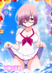  1girl black-framed_eyewear blush breasts cleavage closed_mouth clothes_lift collarbone dress dress_lift fate/grand_order fate_(series) flower glasses glasses_over_hair hair_over_one_eye hiyoko_(chick&#039;s_theater) large_breasts lifted_by_self mash_kyrielight mash_kyrielight_(swimsuit_of_perpetual_summer) official_alternate_costume panties partially_submerged pink_hair purple_eyes short_hair solo sparkle underwear wading water white_dress white_panties 