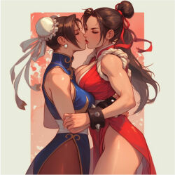  2girls adapted_costume alternate_costume alternate_hairstyle arm_grab artist_request bare_arms bare_legs bare_shoulders blue_dress blush bracelet breast_press breasts brown_hair brown_pantyhose bun_cover capcom china_dress chinese_clothes chun-li closed_eyes couple crossover double_bun dress earrings eyeshadow grey_background hair_bun hair_ribbon hug jewelry kiss large_breasts lips long_dress long_hair makeup multiple_girls neck pantyhose parted_bangs pearl_earrings ponytail red_background red_dress red_ribbon ribbon serious shiranui_mai short_hair side_slit single_hair_bun sleeveless sleeveless_dress snk spiked_bracelet spikes standing street_fighter symmetrical_docking the_king_of_fighters thick_thighs thighs tomboy yuri  rating:Questionable score:13 user:albergato