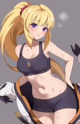  1girl black_shorts black_sports_bra blonde_hair blush bodysuit breasts campbell_xx cleavage collarbone commentary floating_hair gluteal_fold grey_background gundam gundam_tekketsu_no_orphans hair_ornament hair_scrunchie highres kudelia_aina_bernstein large_breasts long_hair looking_at_viewer midriff navel open_bodysuit open_clothes parted_lips ponytail purple_eyes red_scrunchie scrunchie short_shorts shorts simple_background solo spacesuit sports_bra steaming_body sweat teeth thigh_gap very_long_hair white_bodysuit zero_gravity 
