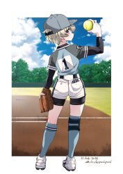  1girl ball baseball_cap baseball_field baseball_glove bike_shorts bike_shorts_under_shorts black_shorts blue_eyes blue_hat blue_shirt blue_sky blue_socks closed_mouth cloud cloudy_sky commentary_request dated day emblem from_behind girls_und_panzer hat highres holding holding_ball inoue_yoshihisa keizoku_(emblem) knee_pads kneehighs layered_sleeves long_sleeves looking_at_viewer looking_back outdoors partial_commentary shirt short_hair short_over_long_sleeves short_shorts short_sleeves shorts sky smile socks softball softball_uniform solo sportswear standing twitter_username white_hair white_shorts youko_(girls_und_panzer) 