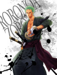  1boy character_name earrings green_hair jewelry looking_at_viewer male_focus one-eyed one_piece robe roronoa_zoro scar solo sword weapon  rating:Sensitive score:7 user:spittza