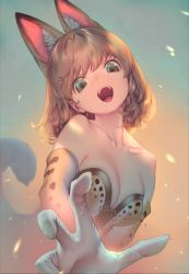  1girl animal_ear_fluff animal_ears breasts brown_eyes brown_hair cleavage elbow_gloves gloves gradient_background highres kemono_friends looking_at_viewer medium_breasts mifu_(b24vc1) open_mouth ribbon serval_(kemono_friends) serval_print serval_tail short_hair solo strapless tail teeth upper_body upper_teeth_only white_gloves yellow_ribbon  rating:Sensitive score:15 user:danbooru