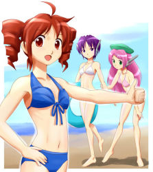  3girls beach bikini drill_hair hat innertube kasane_teto momone_momo multiple_girls pink_hair purple_hair swim_ring swimsuit utane_uta utau  rating:Questionable score:2 user:x1gh2x