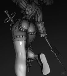  ass ass_focus breasts feathers from_behind greyscale halberd hat highres katzbalger landsknecht leg_up long_sleeves monochrome polearm puff_and_slash_sleeves puffy_sleeves sandals sword underboob wass_nonnam weapon  rating:Questionable score:47 user:danbooru