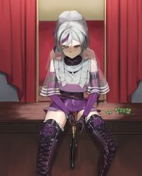 1girl aoi_wakashi_chiyo backstage boots commission contender_(girls&#039;_frontline) girls&#039;_frontline grey_hair gun handgun highres movie_theater multicolored_hair purple_eyes short_hair sitting skeb_commission thigh_boots weapon 