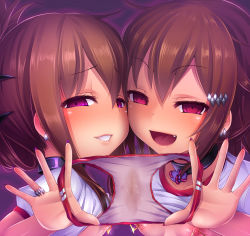  2girls blush breasts brown_hair corruption fang grin highres ikazuchi_(kancolle) inazuma_(kancolle) jewelry kantai_collection loli looking_at_viewer multiple_girls naughty_face nipple_piercing open_mouth panties panty_pull piercing pussy_juice_stain ring satou_kuuki short_hair small_breasts smile stained_panties underwear  rating:Explicit score:251 user:N/Alover12