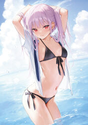  1girl arms_behind_head arms_up blue_sky breasts cloud cloudy_sky day highres long_hair mignon navel ocean original outdoors purple_hair red_eyes simple_background sky small_breasts solo stomach water  rating:Sensitive score:26 user:danbooru