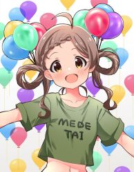  1girl :d ahoge alternate_hairstyle asymmetrical_bangs balloon blush braid braided_bangs breasts brown_hair clothes_writing collarbone commentary_request cropped_shirt dot_nose goma_konbu green_shirt hair_rings hakozaki_serika head_tilt highres idolmaster idolmaster_million_live! long_hair looking_at_viewer midriff navel open_mouth orange_eyes outstretched_arms raised_eyebrows shirt short_sleeves sleeves_rolled_up small_breasts smile solo spread_arms t-shirt tareme upper_body white_background 