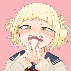 blonde_hair blush boku_no_hero_academia collarbone cum cum_in_mouth cum_on_tongue double_bun fangs highres invisiblewanwano messy_hair open_mouth simple_background solo teeth toga_himiko tongue tongue_out upper_body upper_teeth_only yellow_eyes rating:Explicit score:205 user:Domestic_Importer